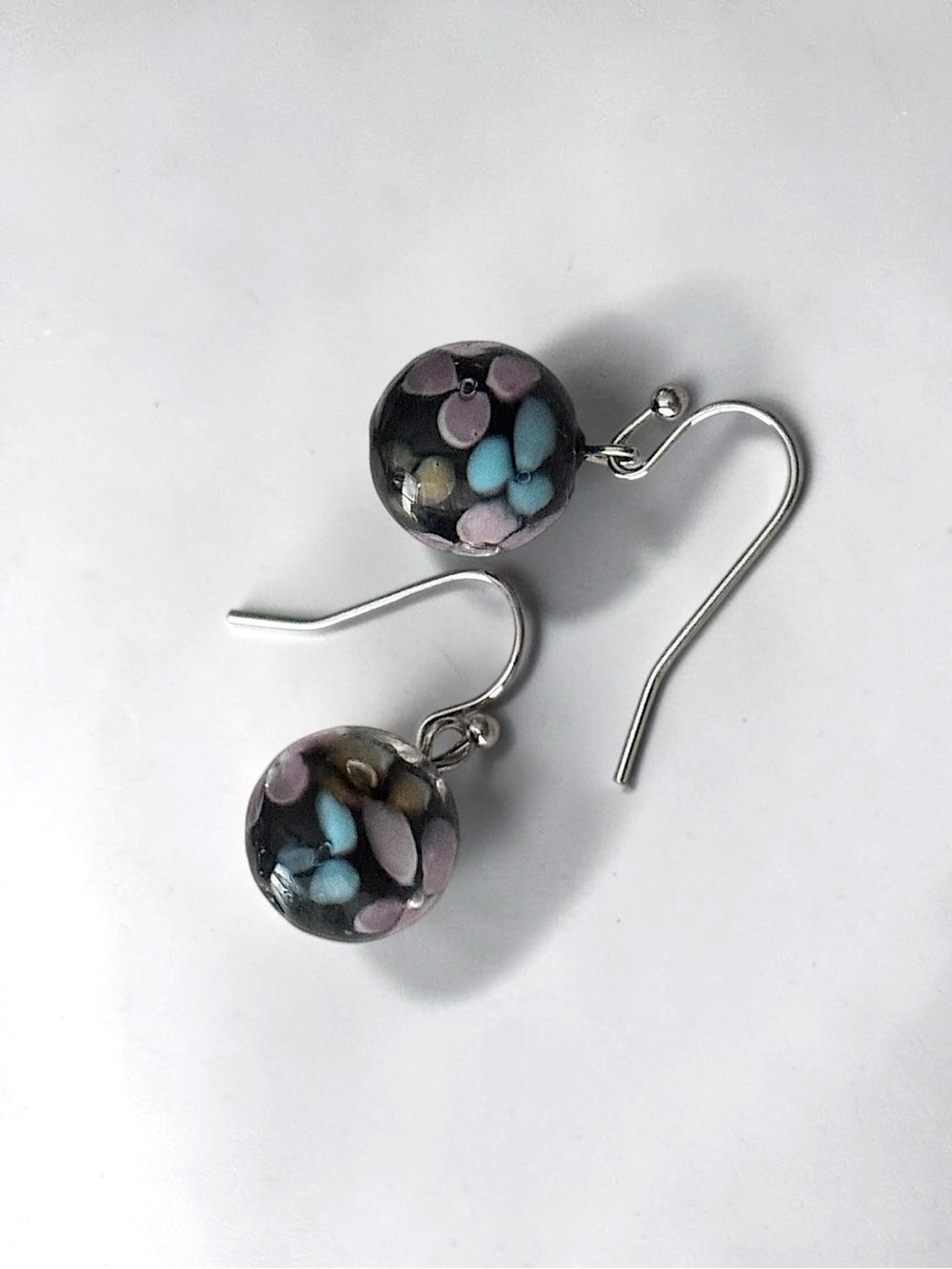 5 For $25💫Lampwork Glass Bead Drop Earrings in Black with Pink & Blue Accents